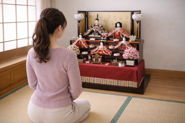 ひな人形の展示を見る女性